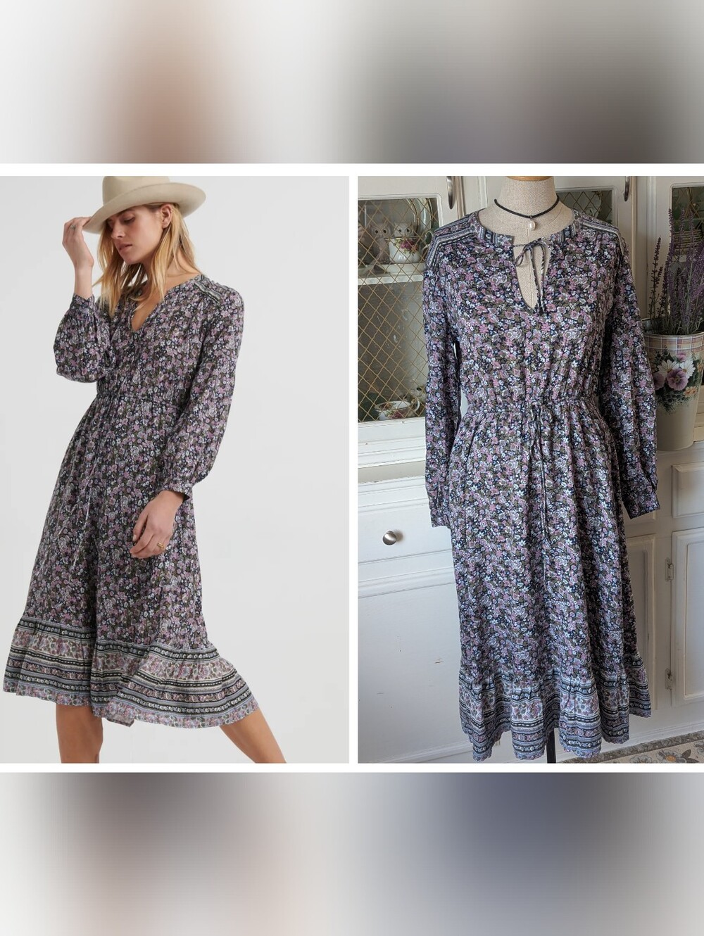 🍀LB Floral Boho Long-Sleeve Midi Dress in Lavender Navy Made In India